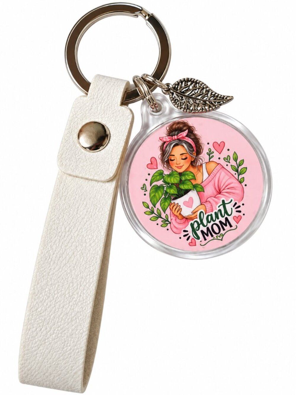 Plant Mom Double Sided Acrylic Keychain With Removable Strap & Leaf Charm